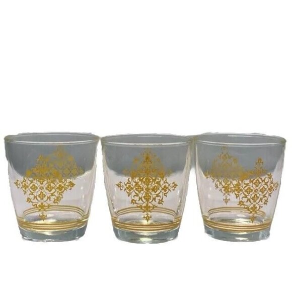 Vintage Hazel Atlas Sour Cream Glasses Yellow Gold Lace 1/2 Pint Set 3 MCM Drink - Picture 1 of 11